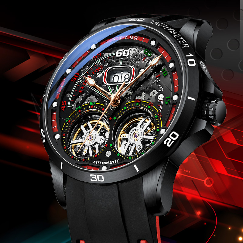 Luxury Watch Hublot - Ailang メンズ ダブルトゥールビヨン スケルトン自動機械式時計 シリコンストラップ 夜光防水カレンダー