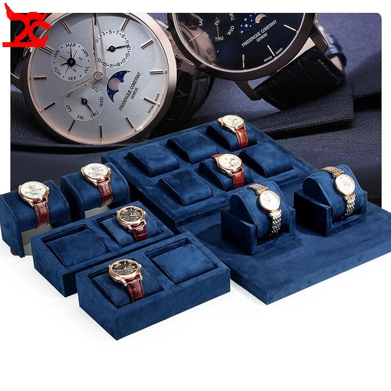 Luxury Watch Store - 青い布製腕時計ディスプレイ台 高級腕時計ショーケース 店舗カウンター用 多格子傾斜ブレスレットホルダーオーガナイザー