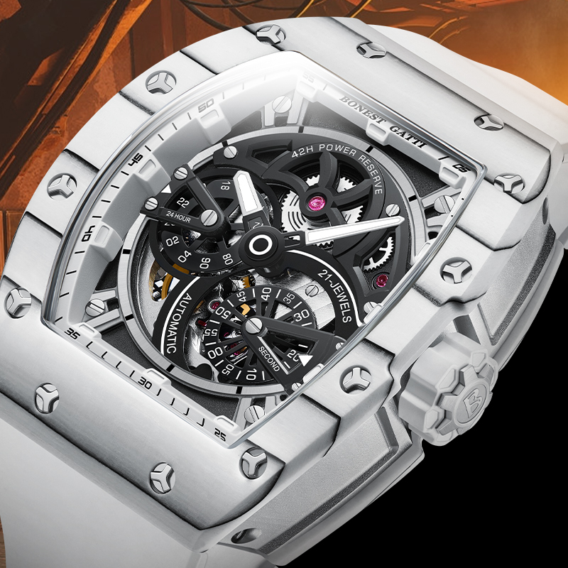 Luxury Watch Rubber Strap - BONEST GATTI メンズ機械式時計 トノー型カーボンファイバーケース ラバーストラップ スモールセコンドダイヤル