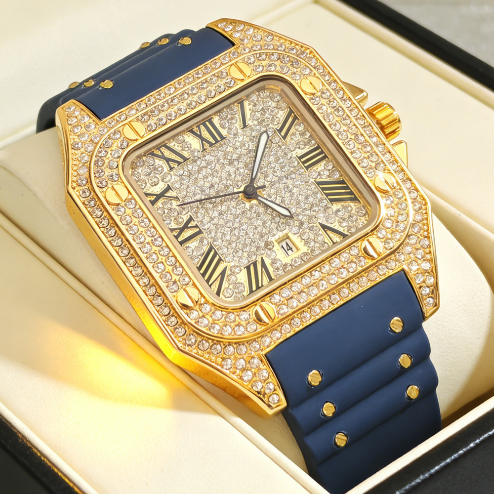Luxury Watch Rubber Strap - ホットファッションスクエアフルダイヤモンドクォーツ腕時計メンズラバーストラップヒップホップアイスアウトブリンブリンジュエリー腕時計男性用時計ドロップシッピング