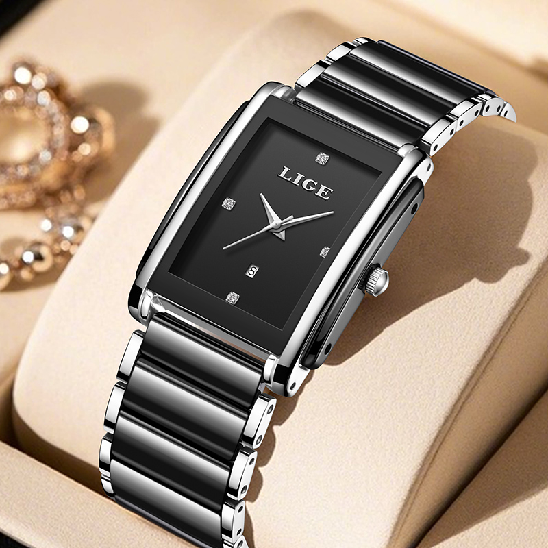 Luxury Watch Square - LIGE 新しい高級女性腕時計エレガントなセラミッククォーツ腕時計防水日付ファッションギフト女性のための腕時計 Relojs Mujer + ボックス