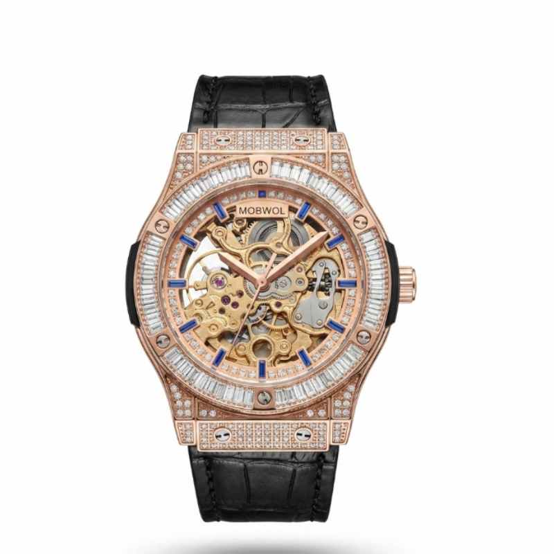 Luxury Watch Hublot - MOBWOL ローズゴールドスケルトン機械式時計高級メンズレザーストラップ、ミヨタムーブメント付き防水発光ビジネス男性用腕時計