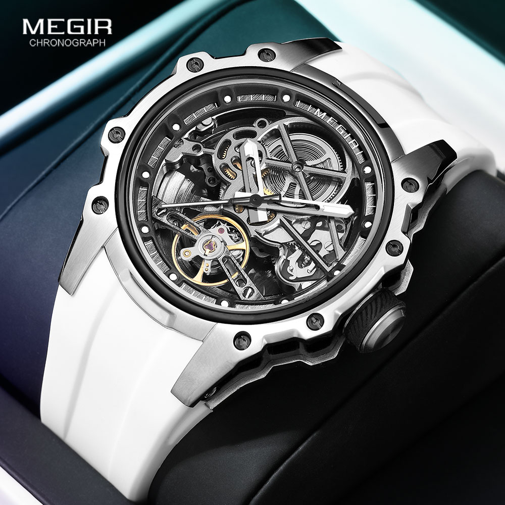 Luxury Watch Hublot - MEGIR スポーツ自動機械式時計男性用ファッションステンレススチールケース腕時計ホワイトシリコンストラップスケルトンダイヤル付き