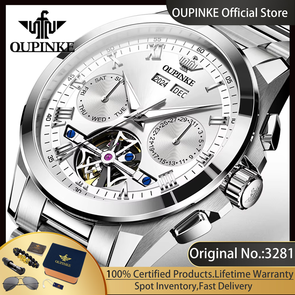 Luxury Watch Winder - OUPINKE 3281 メンズ腕時計、中空フライホイール、ステンレススチール製、高級オリジナルブランド、自動巻き機械式腕時計