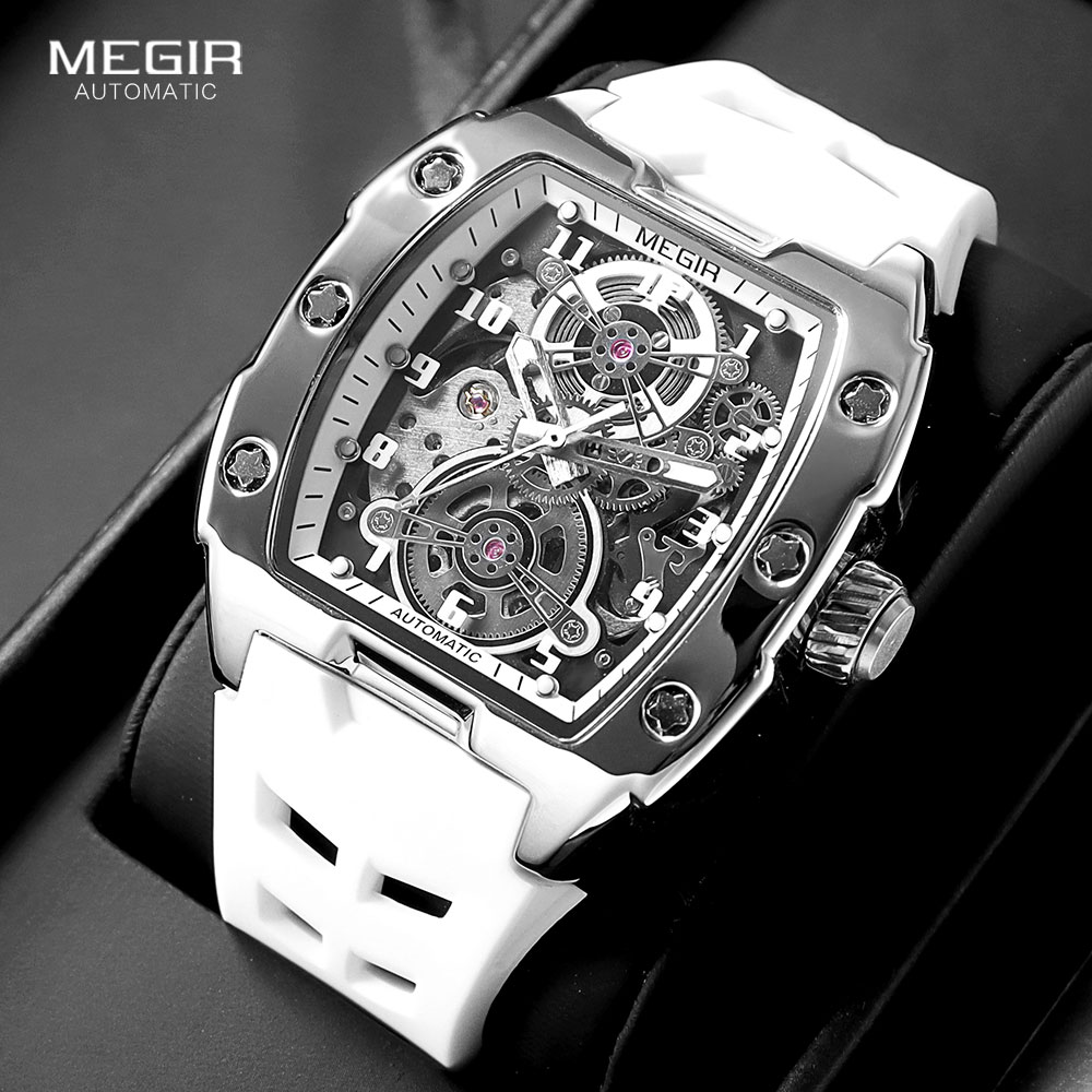 Luxury Watch Hublot - Megir-メンズメカニカルスポーツウォッチ,防水,白いシリコンストラップ,透かし彫りダイヤル,トップブランド,ファッション,8602