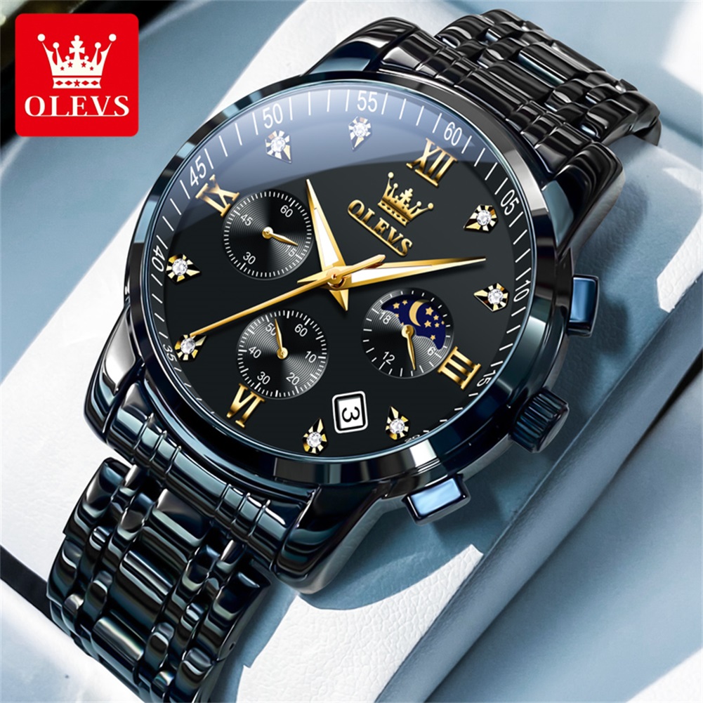 Luxury Watch Market - OLEVS 人気のメンズ腕時計ステンレススチールブラックムーンフェイズクロノグラフクォーツ時計男性日付オリジナルブランド腕時計