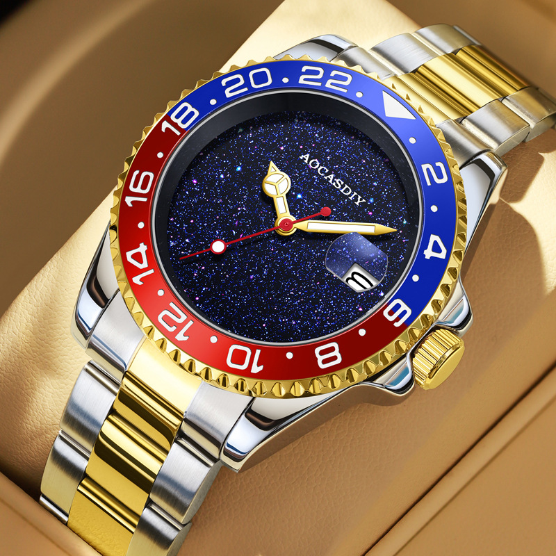 Luxury Watch Store - メンズ新作スケルトン自動巻き機械式腕時計、高級ステンレスバンド、星空文字盤、日付表示、防水、ビジネスカジュアル腕時計