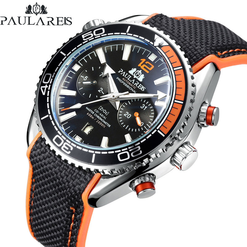 Luxury Watch Rubber Strap - PAULAREIS P 高級メンズ自動自動巻き機械式時計男性用ラバーストラップ防水発光日付ファッションメンズ腕時計