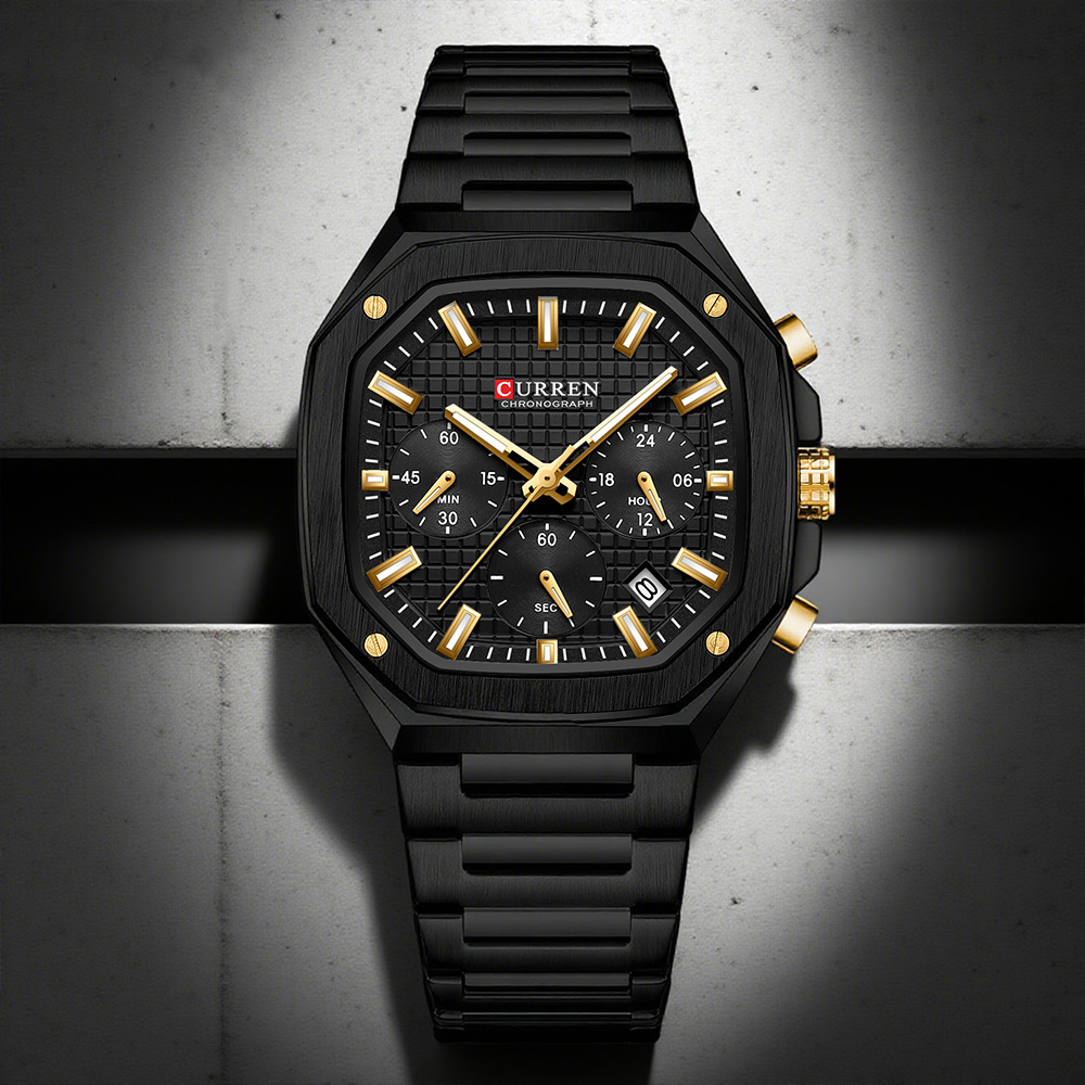 Luxury Watch Square - CURREN 高級スクエアクロノ腕時計男性用クラシックデザインブラックダイヤルにゴールドアクセントファッションクォーツ腕時計発光針