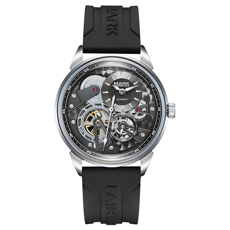 Luxury Watch Rubber Strap - 高級ビジネススケルトン夜光自動機械式腕時計（男性用、防水ラウンドラバーストラップ、ピンバックル付き）