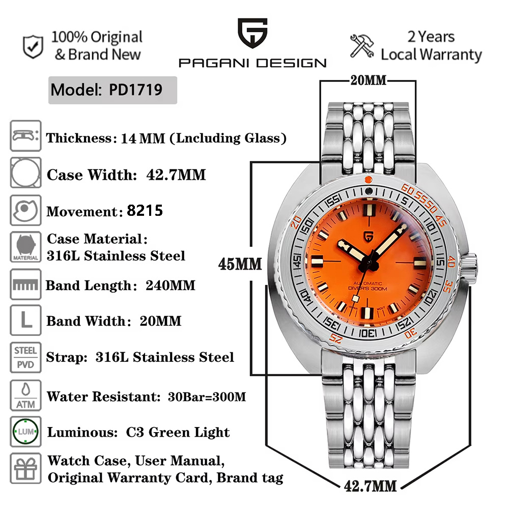 パガーニデザイン 2026 メンズ機械式腕時計 8215 P - Diver Watch 300M のレビューと価格