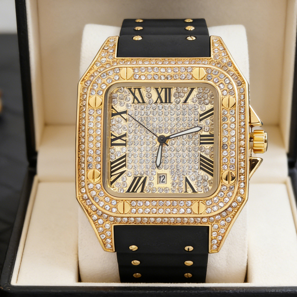 ホットファッションスクエアフルダイヤモンドクォーツ腕時計メン - Luxury Watch Rubber Strap のレビューと価格